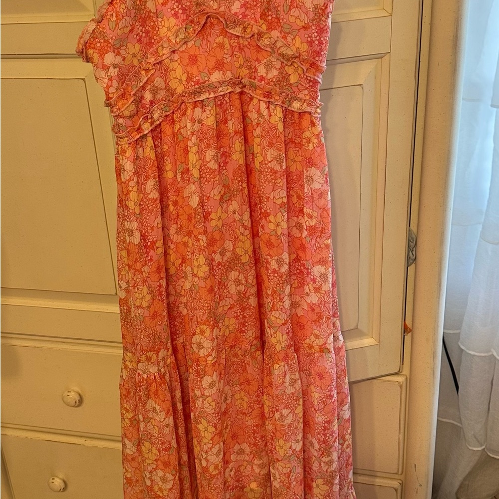 Altar'd State Coral Floral Ruffle Maxi Dress